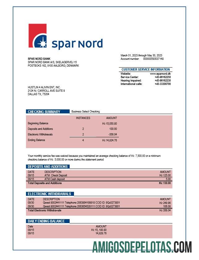 Imprimível Spar Nord Bank Company Checking Account Statement Word And PDF model